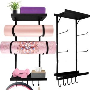 Wall-Mounted Yoga Mat Holder with Floating Shelves & Hooks for Storage